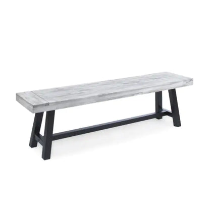 Panca da pranzo in legno di acacia con finitura sabbiata grigio chiaro e struttura in metallo rustico nero