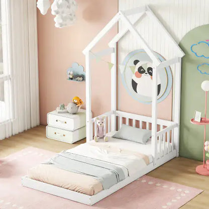 Twin House-Shaped Roof Headboard Floor Bed