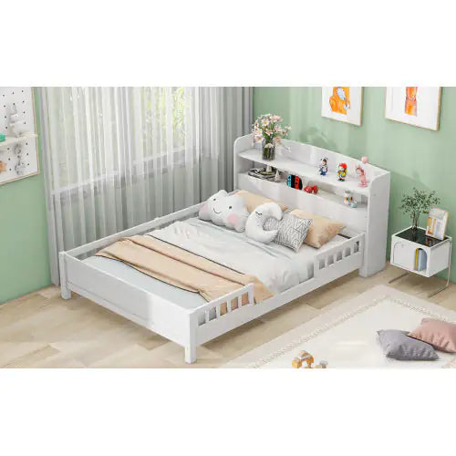 Wood Full Size Platform Bed With Built-in LED Light, Storage Headboard And Guardrail, White