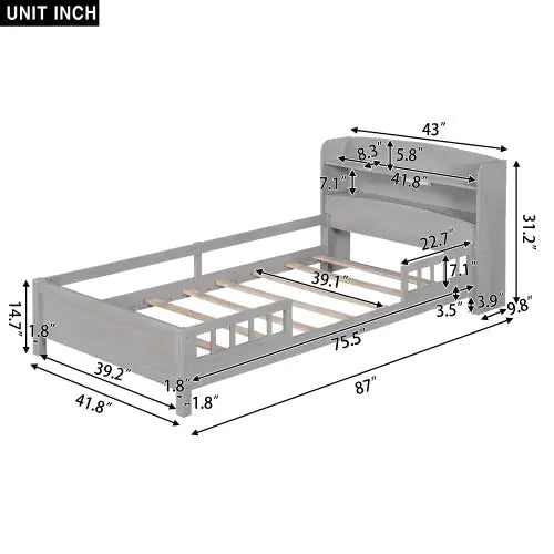 Twin Antique Grey LED Platform Bed with Storage