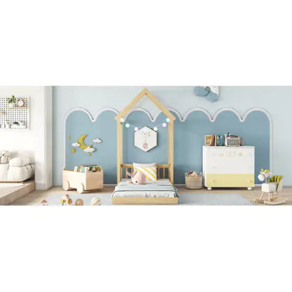 Twin House-shaped Roof Headboard Floor Bed