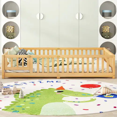 Queen Size Bed Floor Bed With Safety Guardrails And Door For Kids, Natural