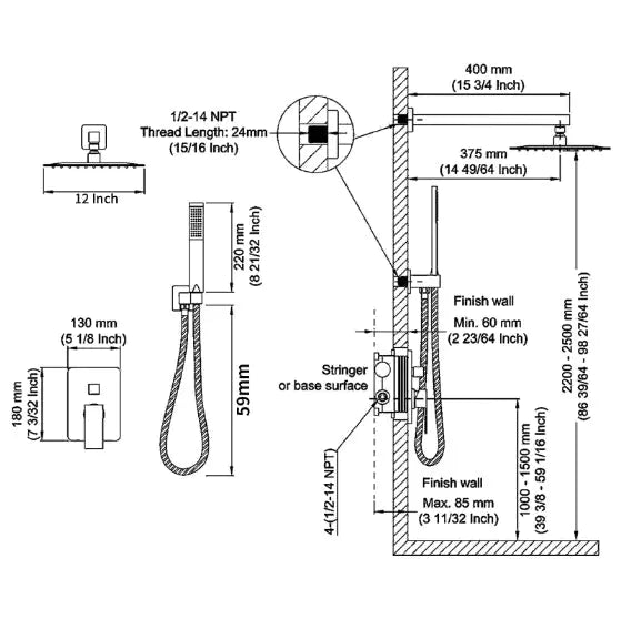 Shower System Mixer Combo Set Wall-mounted