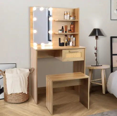 Vanity Desk Set with LED Lighting Mirror, Stool & Drawers