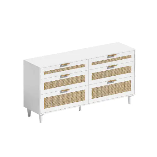 Rattan Dresser With Drawers, 6 Drawer Dresser For Bedroom, Clothes Storage Cabinet For Bedroom, Metal Handle&Wood Legs For Hallway, Living Room, Bedroom,White