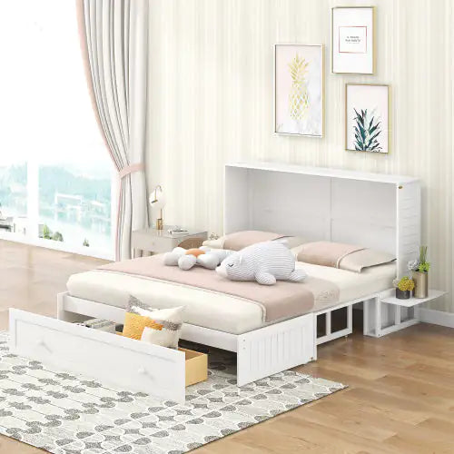 Queen Size Mobile Murphy Bed With Drawer And Little Shelves On Each Side,White