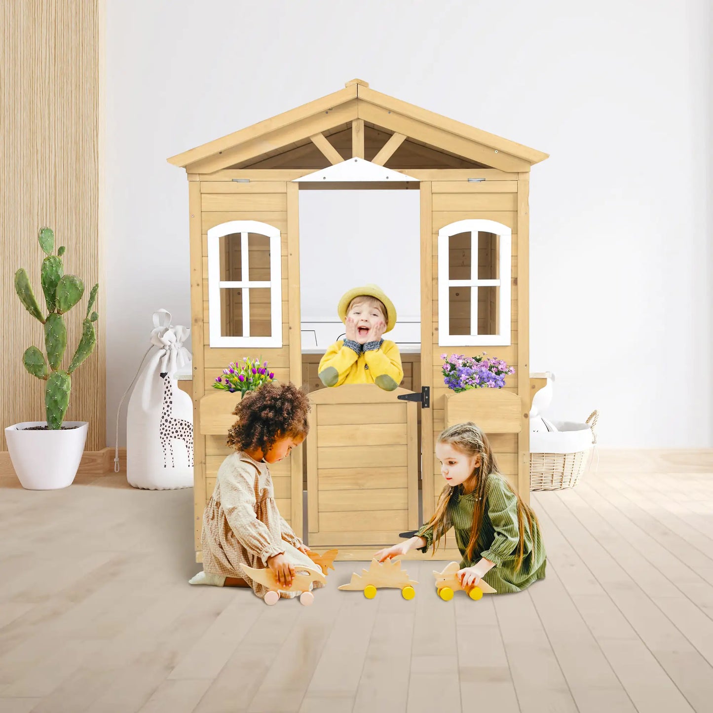 Wooden Outdoor Playhouse For Children With Work Doors, Windows, Mailbox, Flower Pot Stand