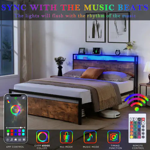 Queen Size Bed Frame With Storage Headboard And 2 Drawers, LED Lights Bed With Charging Station