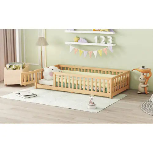 Kids Twin Safety Guardrail Bed with Door, Natural