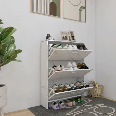 Zapatero de 3 puertas de alto brillo en color mármol blanco con tiradores retro