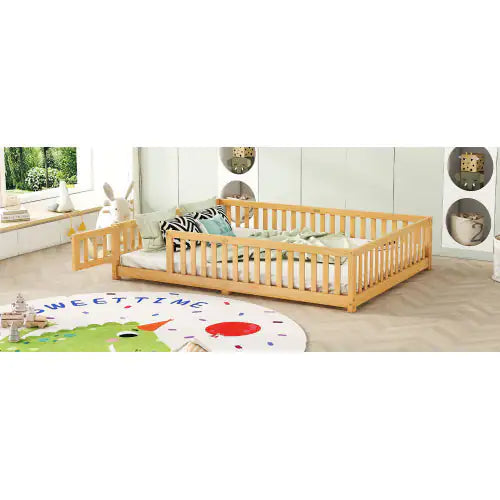 Queen Size Bed Floor Bed With Safety Guardrails And Door For Kids, Natural