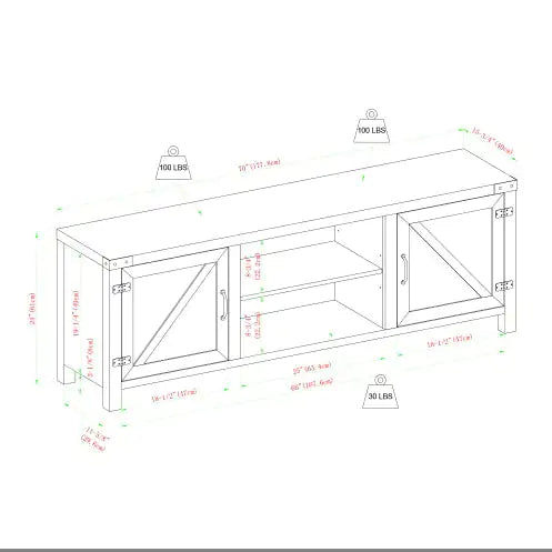 Rustic Farmhouse Double Barn Door TV Stand For TVs With Center Shelves - Rustic Oak