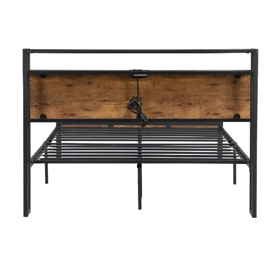 Queen Size Metal Platform Bed Frame With Wooden Headboard And Footboard With USB LINER