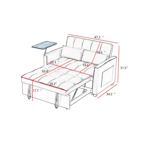 Grey Velvet Loveseat Sleeper Sofa Bed with Side Table