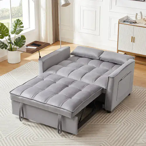 Grey Velvet Loveseat Sleeper Sofa Bed with Side Table