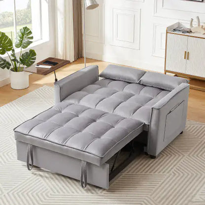 Grey Velvet Loveseat Sleeper Sofa Bed with Side Table