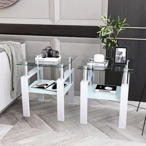 Set Of 2, Modern Tempered Glass Tea Table Coffee Table End Table, Square Table For Living Room, Transparent White