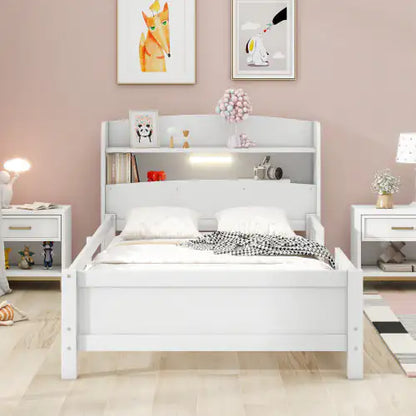 Wood Twin Size Platform Bed with Built-in LED Light, Storage Headboard, and Guardrail