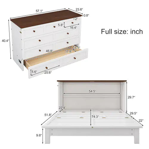 Solid Pine Murphy Bed Chest With Charging Station And Large Storage Drawer For Home Office Or Small Room , Full, White Walnut