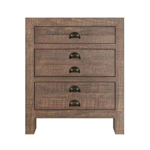 Rustic Farmhouse Style Three-Drawer Solid Pine Wood Nightstand With Cup Pulls And Integrated Charge Station