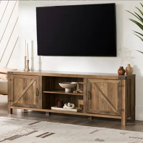 Rustic Farmhouse Double Barn Door TV Stand For TVs With Center Shelves - Rustic Oak