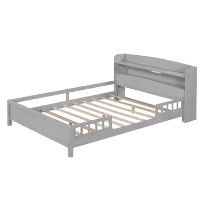 Wood Full-Size Platform Bed with Built-in LED Light, Storage Headboard, and Guardrail