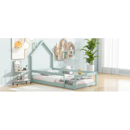 Twin Size Wood Bed With House-shaped Headboard Floor Bed With Fences,Light Green