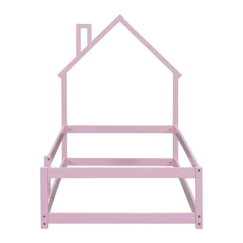 Twin Size Wood Bed With House-shaped Headboard Floor Bed With Fences,Pink