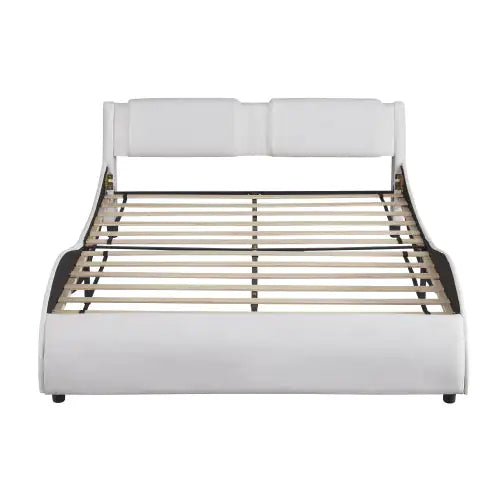 Queen Size Upholstered Faux Leather Platform Bed With LED Light Bed Frame With Slatted - White