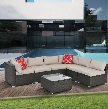 Patio Furniture PE Rattan Set with Tempered Glass Table