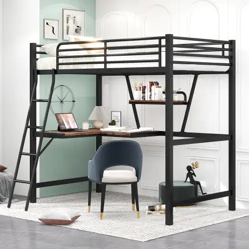 Twin Size Loft Metal&MDF Bed With Desk And Shelf, Black