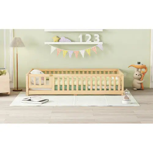 Kids Twin Safety Guardrail Bed with Door, Natural