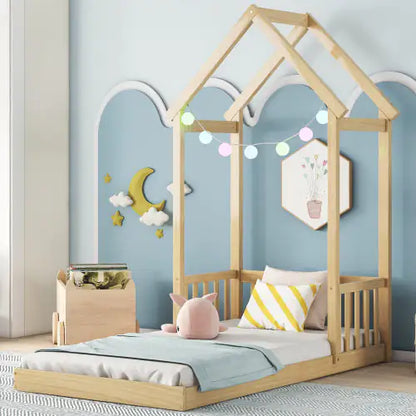 Twin House-shaped Roof Headboard Floor Bed