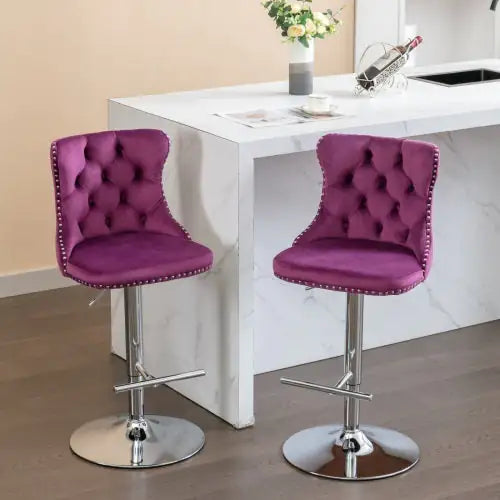 Purple Velvet Swivel Barstools, Adjustable 25-33 Inch - Set of 2