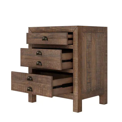 Rustic Farmhouse Style Three-Drawer Solid Pine Wood Nightstand With Cup Pulls And Integrated Charge Station