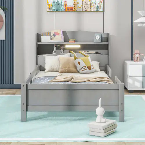 Twin Antique Grey LED Platform Bed with Storage