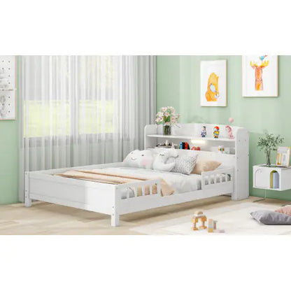Wood Full Size Platform Bed with Built-in LED Light, Storage Headboard, and Guardrail