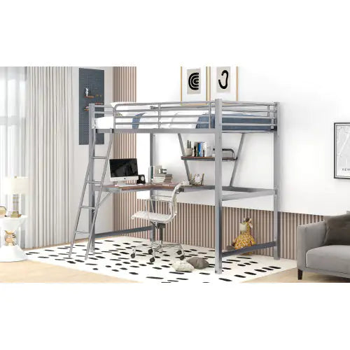 Twin Size Loft Metal&MDF Bed With Desk And Shelf, Silver