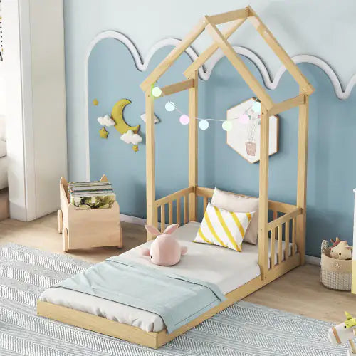 Twin House-shaped Roof Headboard Floor Bed