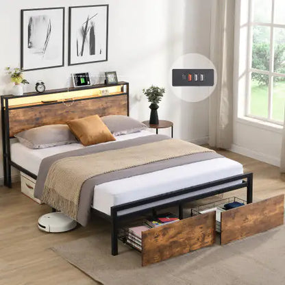 Struttura letto matrimoniale con testiera contenitore e 2 cassetti, letto con luci LED e stazione di ricarica