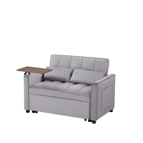Grey Velvet Loveseat Sleeper Sofa Bed with Side Table