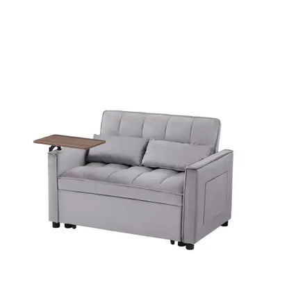 Grey Velvet Loveseat Sleeper Sofa Bed with Side Table