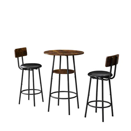 Three-Piece Round Dining Table Set with Storage & Upholstered Bar Chairs