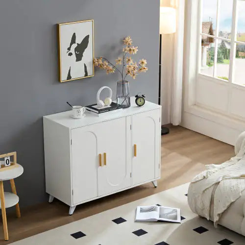 Sideboard Buffet Cabinet With 3 Doors And Removable Shelves, For Living Room, Dining Room, Ivory