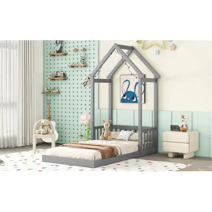 Twin House-Shaped Roof Headboard Floor Bed