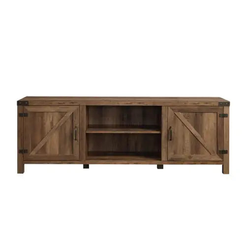 Rustic Farmhouse Double Barn Door TV Stand For TVs With Center Shelves - Rustic Oak