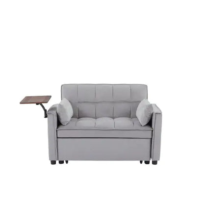 Grey Velvet Loveseat Sleeper Sofa Bed with Side Table
