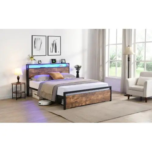 Queen Size Bed Frame With Storage Headboard And 2 Drawers, LED Lights Bed With Charging Station