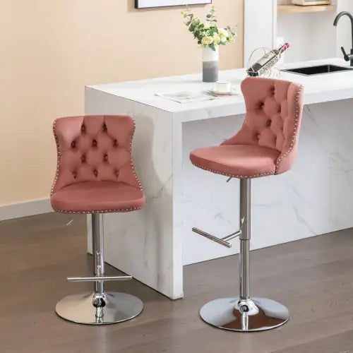 Swivel Velvet Barstools Adjusatble Seat Height From 25-33 Inch Pink,Set Of 2