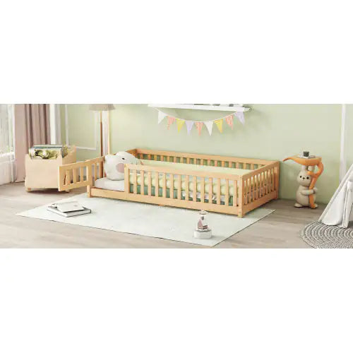 Kids Twin Safety Guardrail Bed with Door, Natural